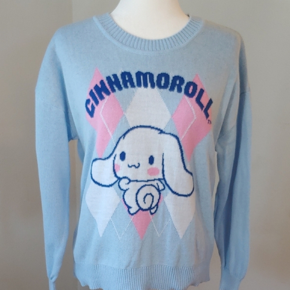 Cinnamoroll Sanrio Argyle Women's Crew Neck Sweater in Baby Blue Size Large